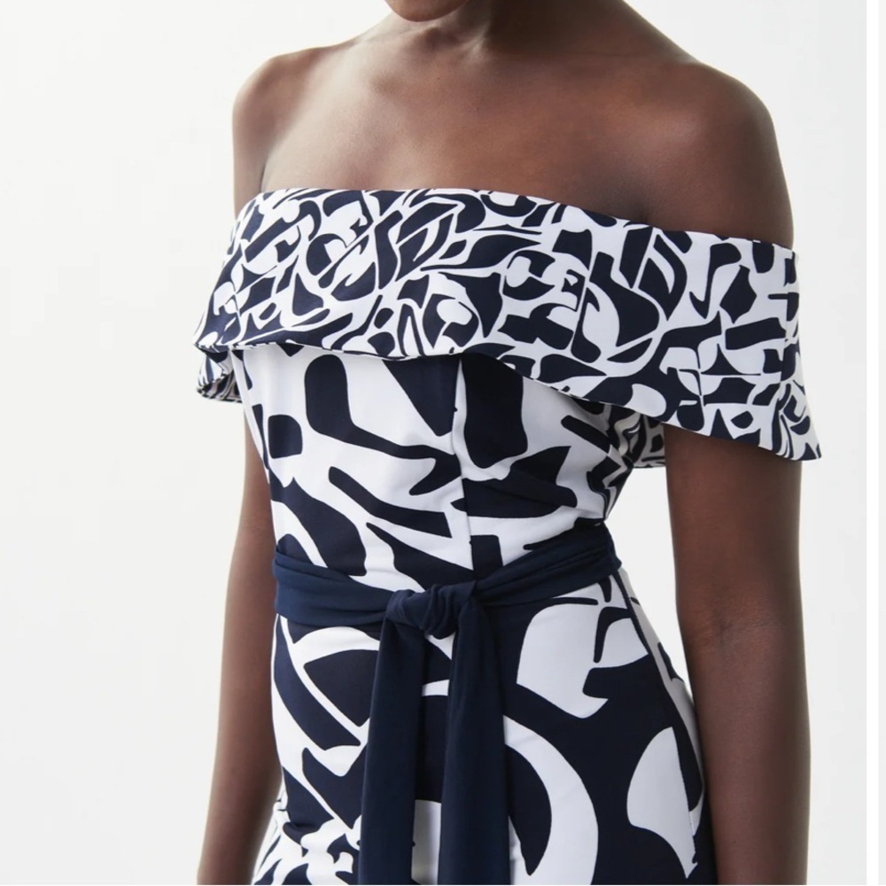 Joseph Ribkoff dress black-white Off-shoulder silhouette pattern Sz 6 - Picture 3 of 13